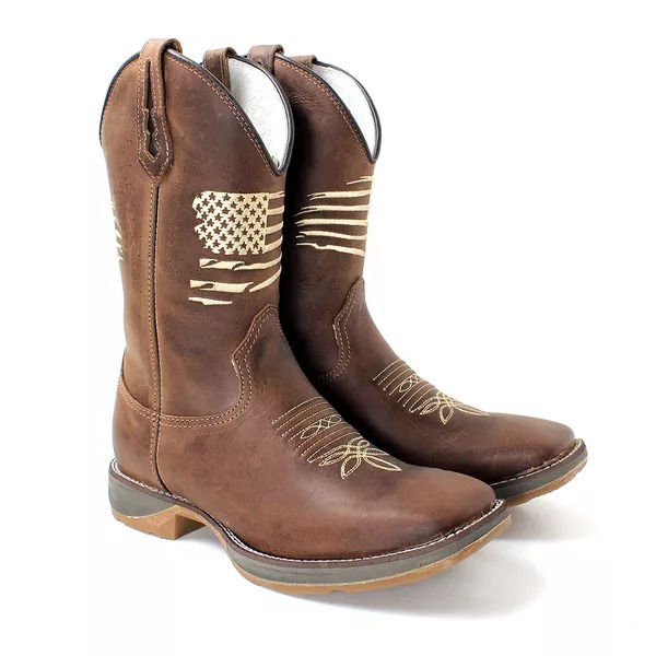 Bota Texana em Couro Bordado com Bandeira Cano Médio e Solado Jump Borracha