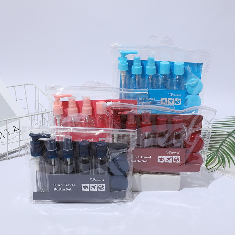 Kit Frascos Viagem 9 Peças Nécessaires Shampoo Sabonetes Álcool Mala Bolsa Organização ref: 8802