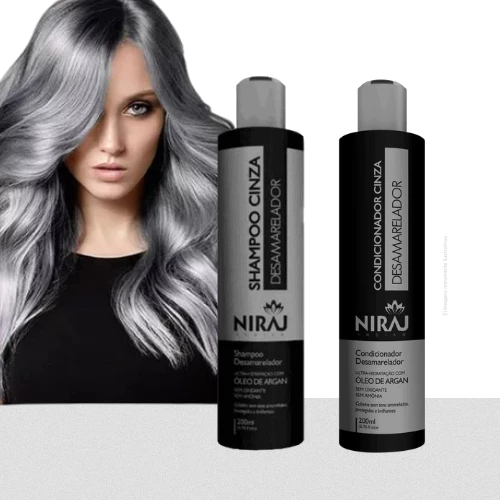 Shampoo Cinza + Condicionador Desamarelador Niraj Silver Cinza 200ml Cabelos Grisalhos e Loiros