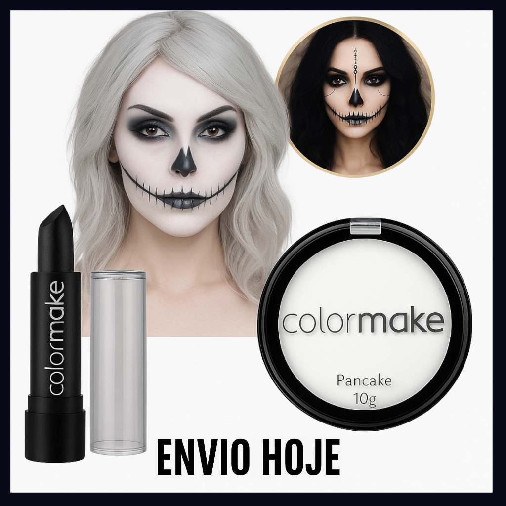 Kit Pancake Branco + Batom  Preto Halloween Maquiagem Artística Bruxa Festa Fantasia Colormake