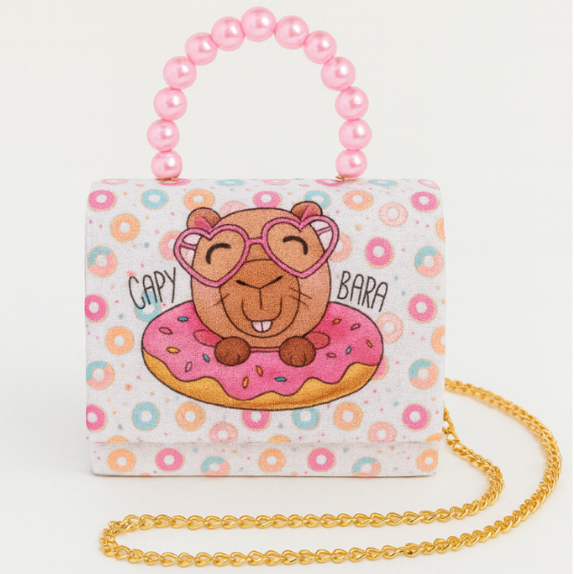 Bolsa Infantil Capivara Fofa Donuts Arco Íris Unicórnio Alça de Pérolas Corrente Dourada
