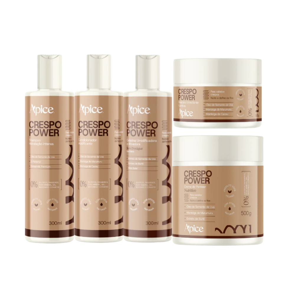 Kit Apice Crespo Power 300ml: Shampoo Condicionador Gelatina Ativadora Máscara Creme de Pentear