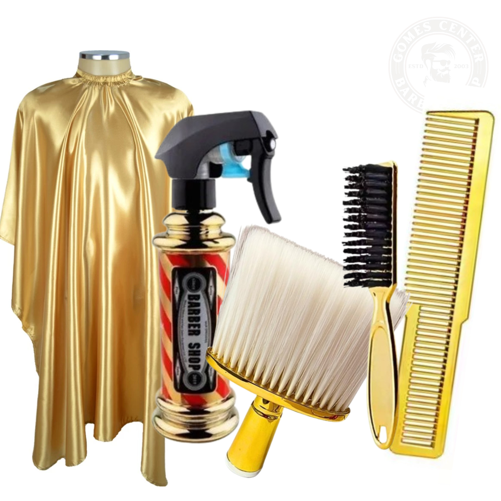 Kit Barbeiro Dourado - Capa + Borrifador + Espanador Macio + Escova Disfarce+Pente Wahl - Barbearia