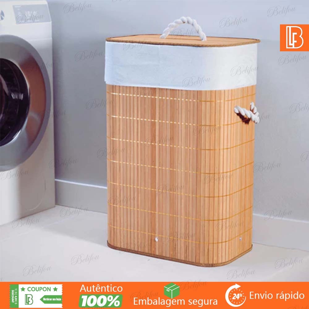 Cesto Organizador de Roupas 72 Litros com Tampa Bambu para Banheiro e Lavanderia