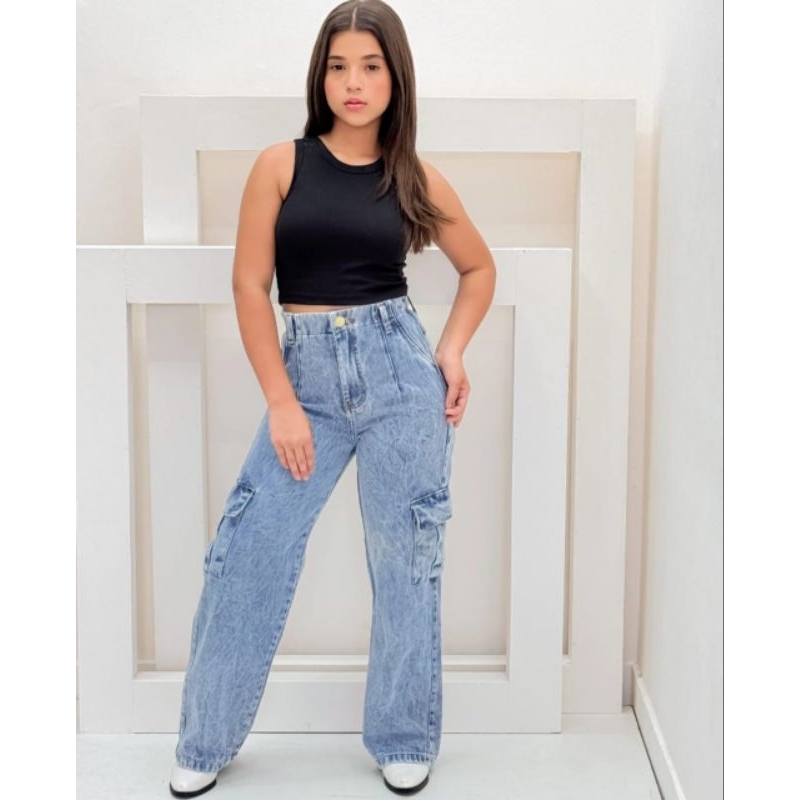 Calça Cargo jeans infantil e juvenil Com elástico na cintura