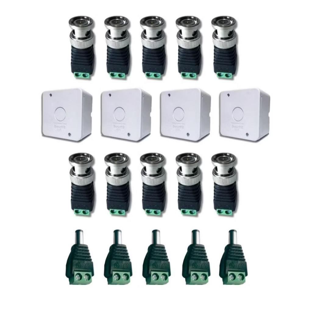 kit c/ 4 caixas de proteçao branca simples + 4 conectores p4 macho + 8 bnc borne cftv câmeras