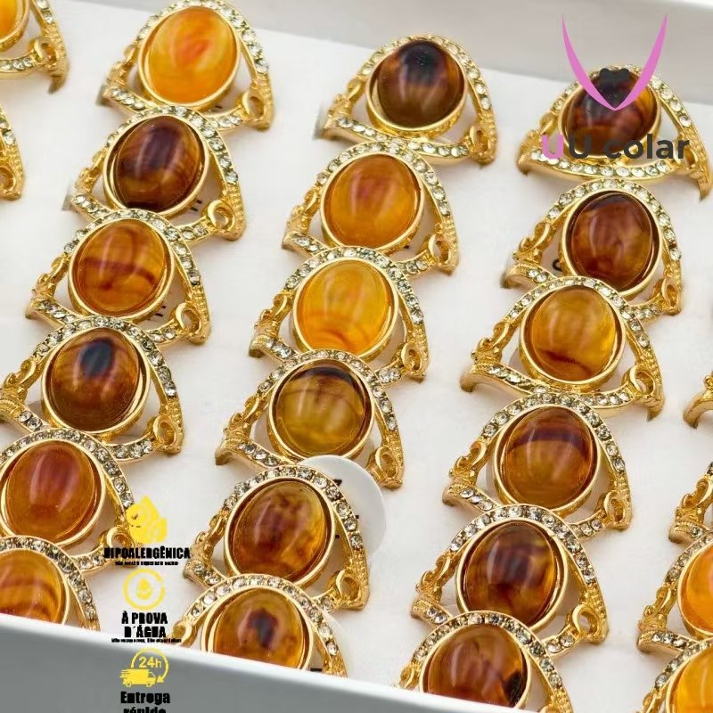 2 Anéis de Âmbar para Mulheres - Joias de Ouro 18K-Vermeil, Presente Perfeito