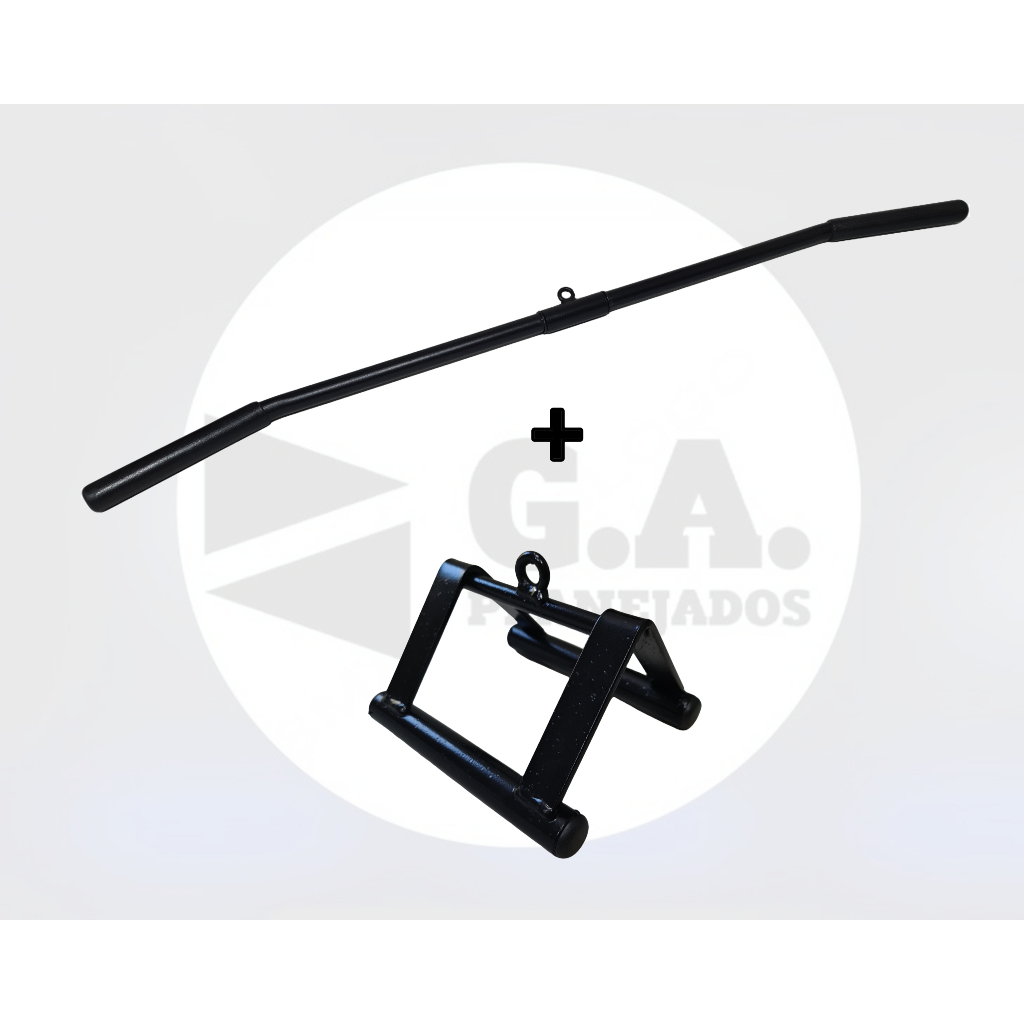 Kit puxador barra costas pulley 1,20m + puxador triângulo compacto musculação academia