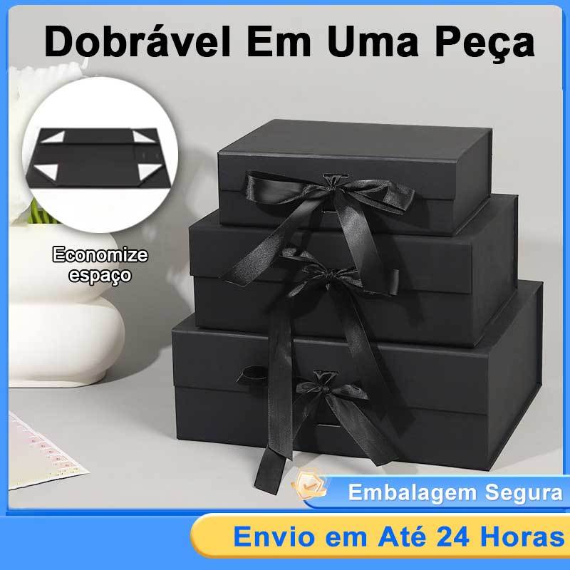 Caixa Rígida Cartonada Dobrável Com Fecho Magnético E Fita De Cetim Para Presente Três tamanhos