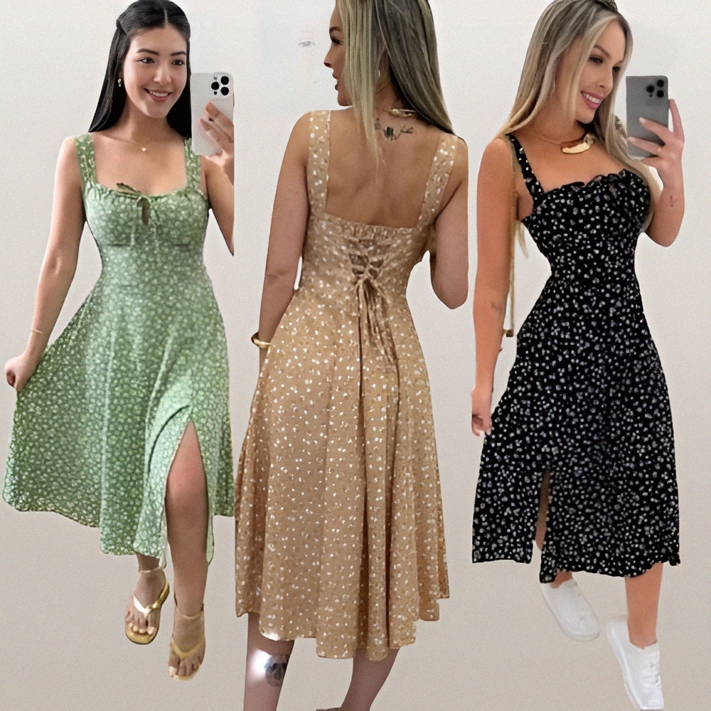 Vestido Feminino Mídi Romântico Estampa Floral |  Fenda lateral Laço no Busto | Tendencia Moda