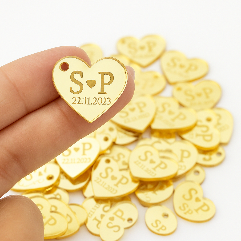 Kit Tags Coração Acrílico Espelhado Dourado Aplique Casamento Lembrança