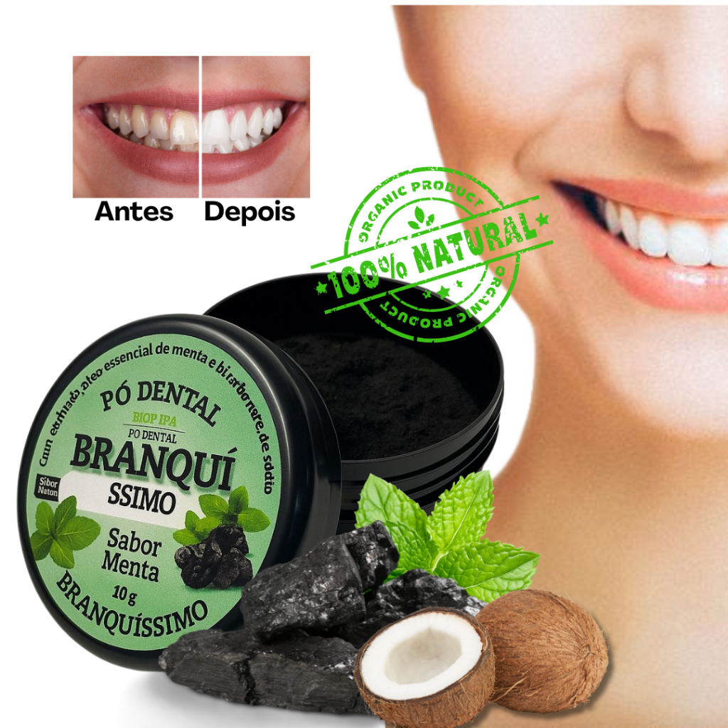 Pó Dental Natural Carvão Ativado Óleo Menta E Coco - Branquíssimo Black- BioPura - Edição Limitada