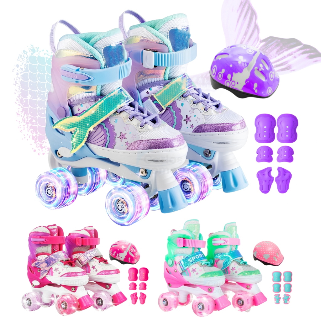 Patins Infantil 4 Rodas Ajustável Rodinha Led Kit Proteção