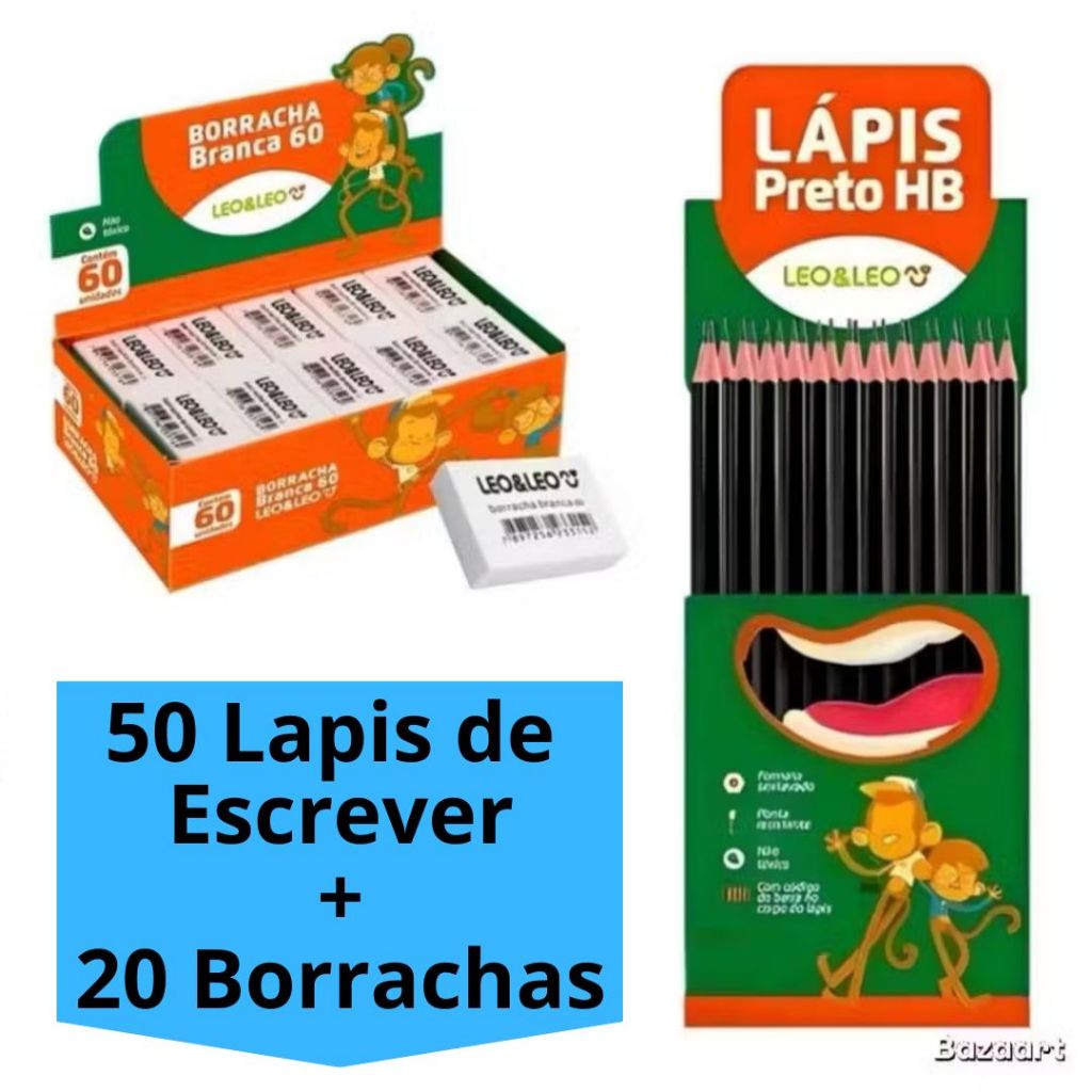 Kit 50 Lápis de Escrever Preto + 20 Borracha Escolar Branca N60 Escolar Leo&Leo