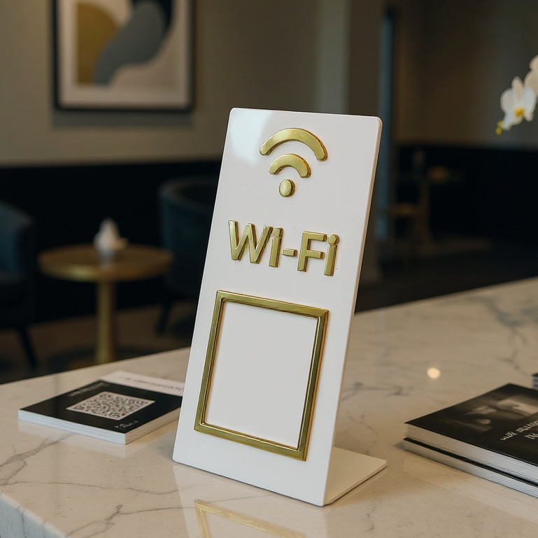 Placa Wifi Display Acrílico Espelhado QR Code Mesa Balcão