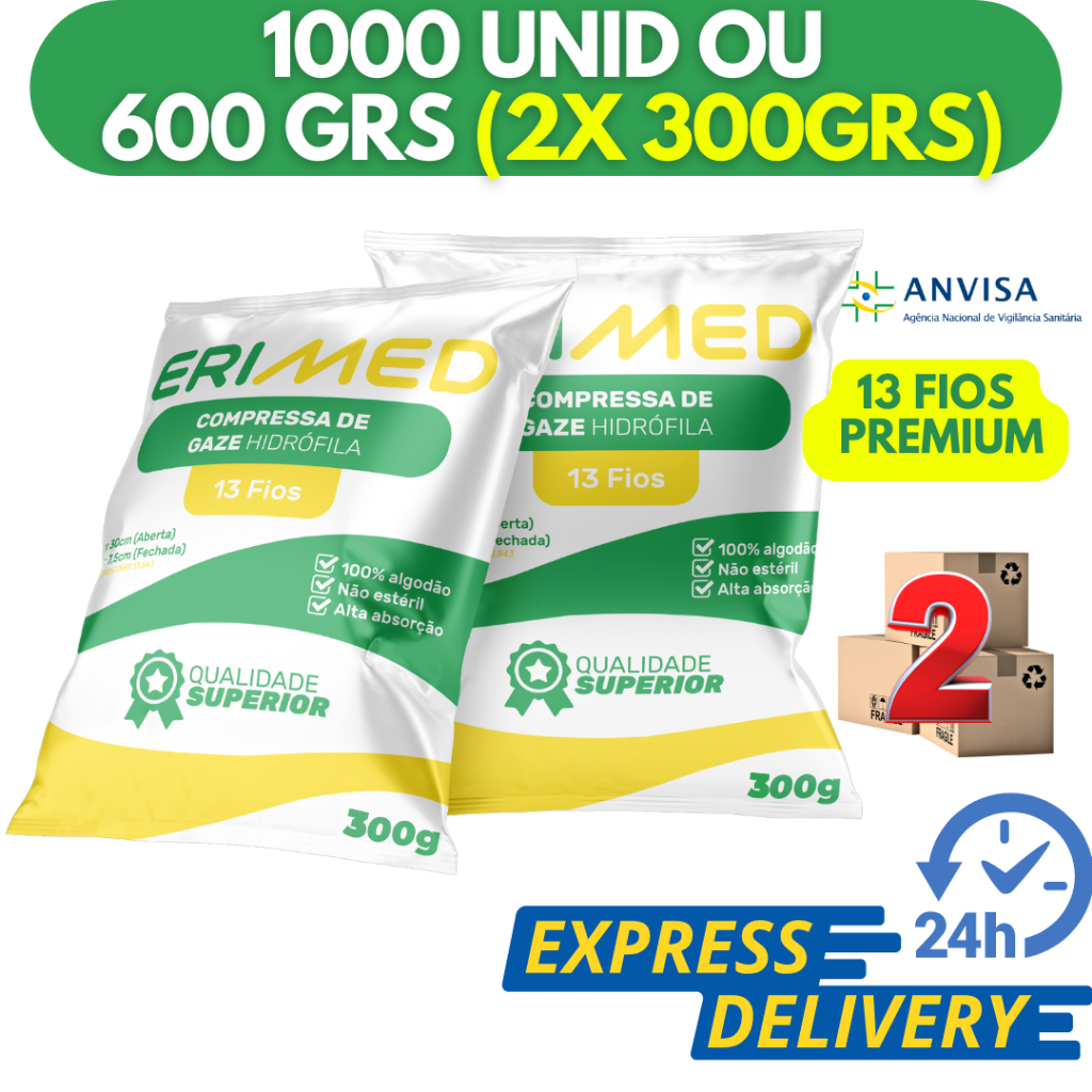 Kit 2 Compressa De Gaze 13 Fios 500 Unidades Hidrófila Gazes Descartável Anvisa 300 Gramas Erimed