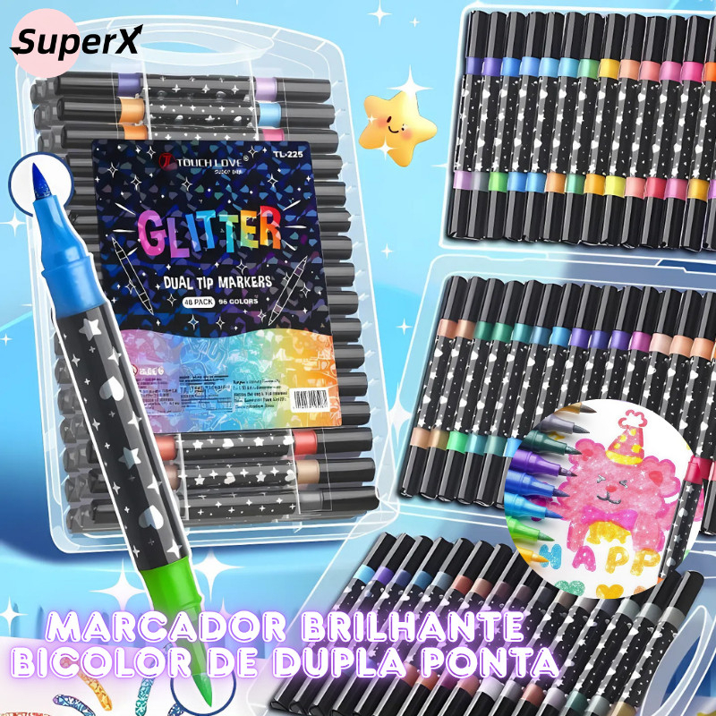 Caneta Marcadora Glitter Dupla Ponta 48/72/96 Cores | Arte, Escola, Planner, Desenho