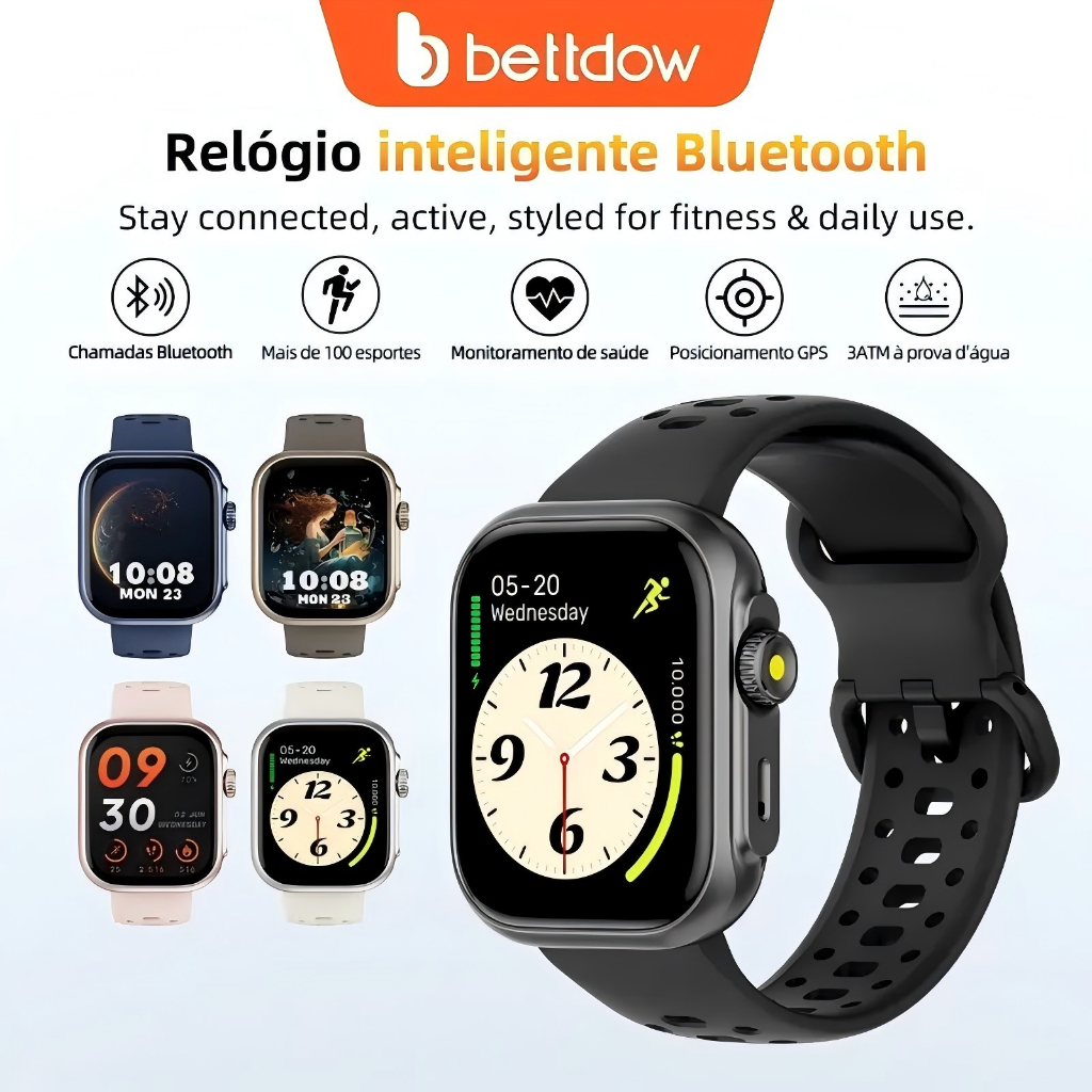 Bettdow Smartwatch com Alexa assistente de voz Frequência cardíaca em tempo real IP67 à prova d'água chamada Bluetooth