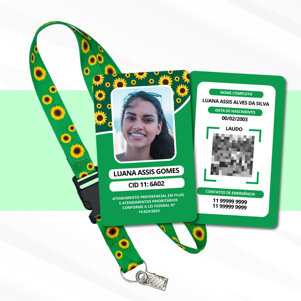 Kit Cordão + Crachá PVC Girassol com Laudo em Qrcode - Crachá Personalizado - Deficiência Oculta