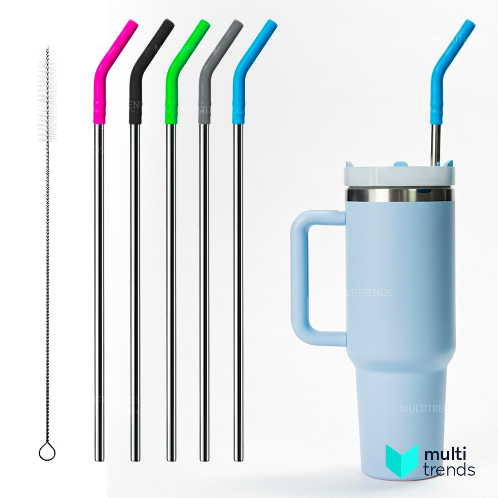Kit Canudo de Aço Inoxidável 30cm com Ponta de Silicone e Escova de Limpeza - Ideal para Copo Térmico 1200ml 40oz