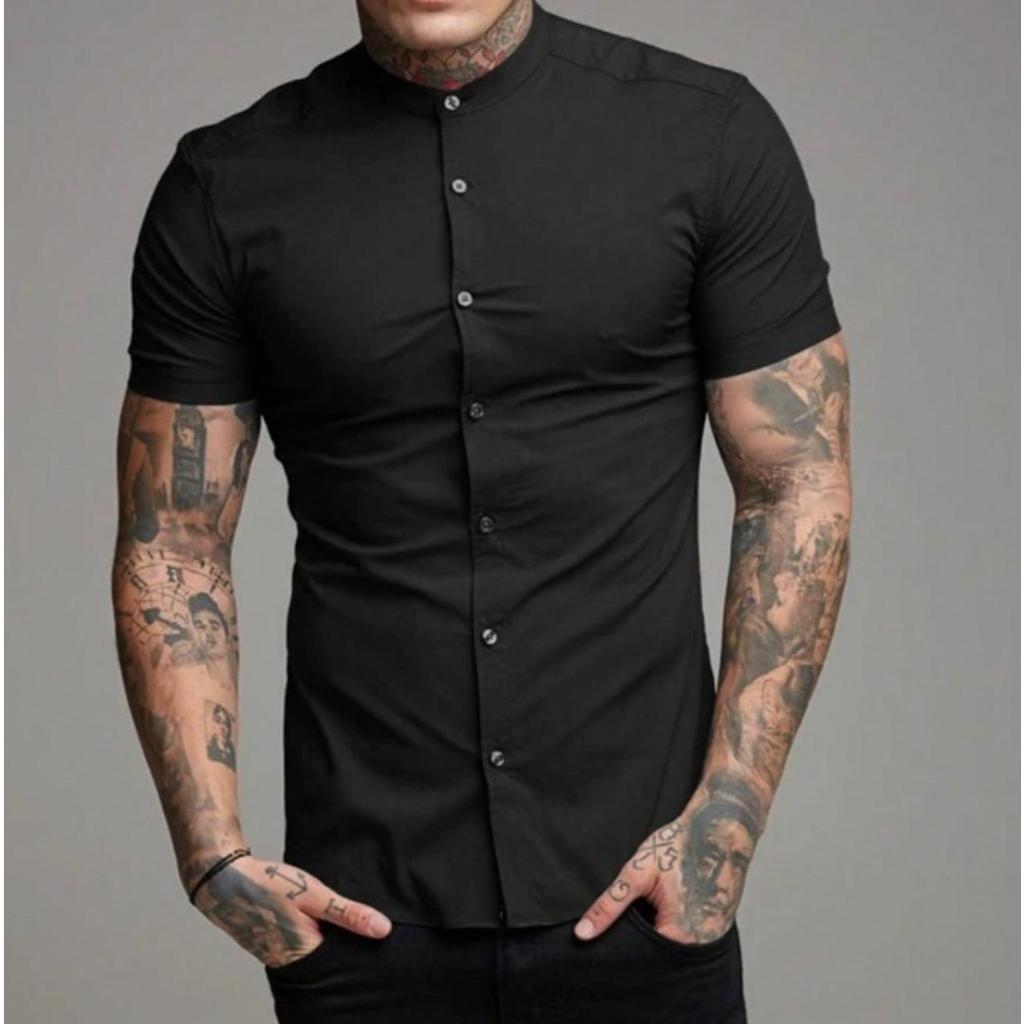 Camisa Social Masculina Gola Padre de Luxo Com Manga Curta Slim Fit Crepnho Tecido Premium