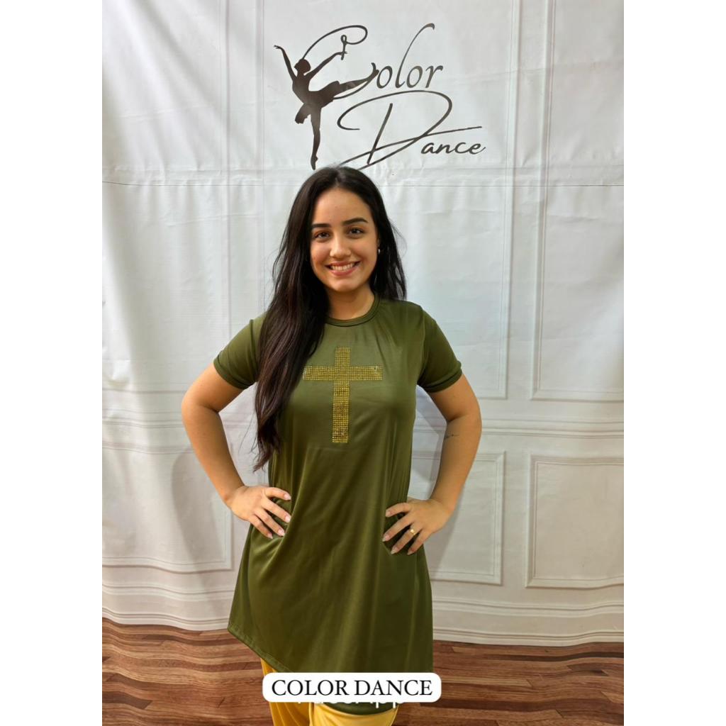 Bata Dança Feminina Gospel veste Verde Cruz Dourada