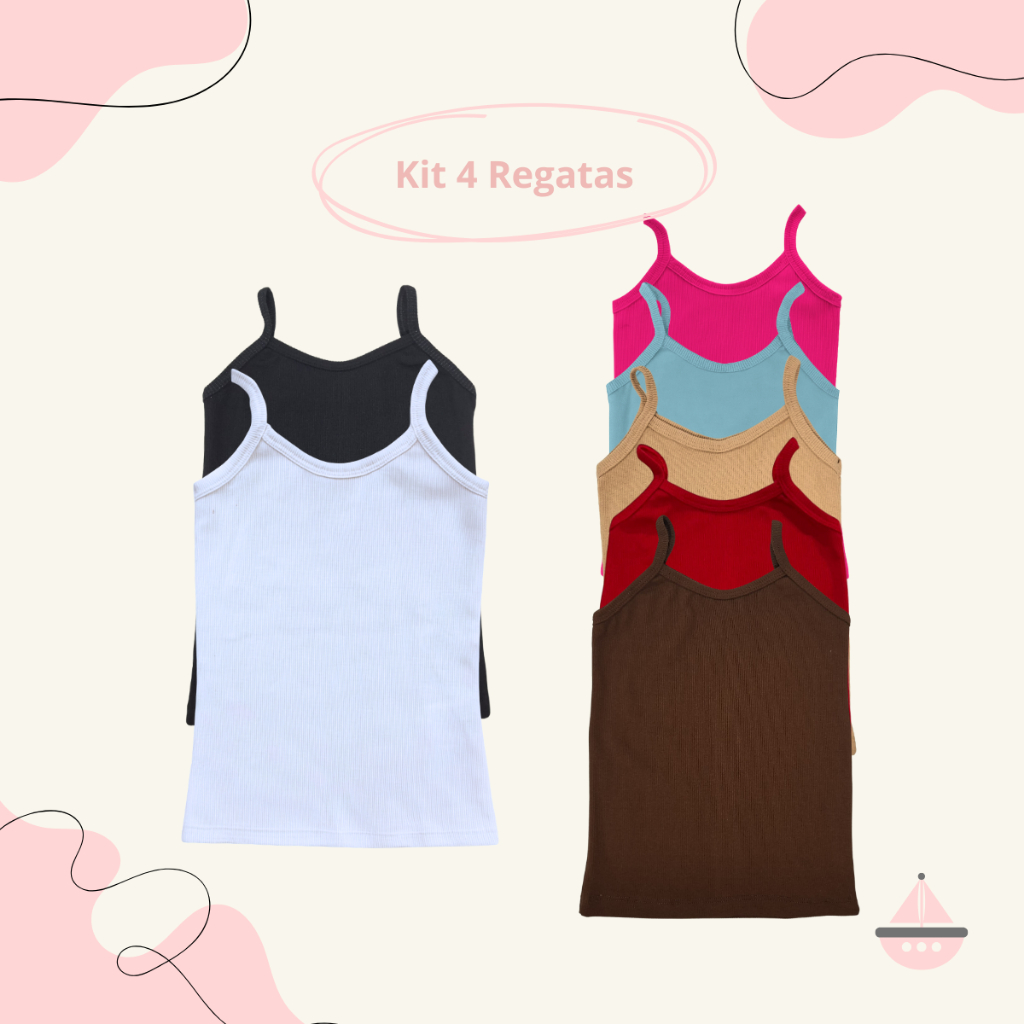 Kit 4 Blusinhas Regatas Básica Infanto Juvenil Moda Girly Alça Fina Cores Sortidas Escola Verão