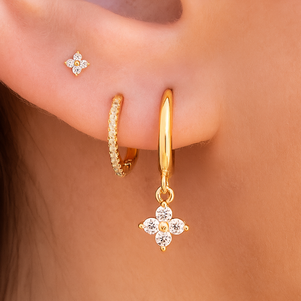 Kit 3 pares de brincos femininos prata 925, pingentes de flores incrustados com zircônia, banhados a ouro 18K
