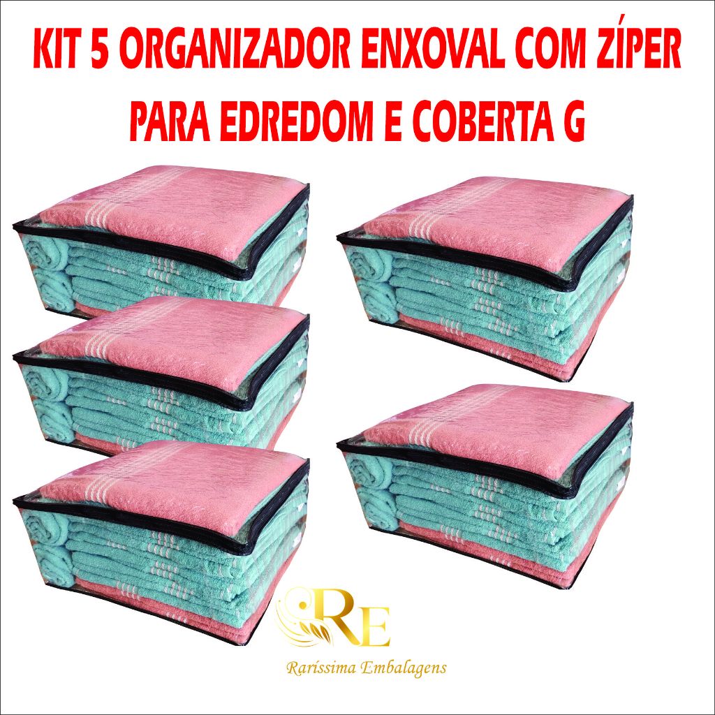Kit 5 Saco Organizador zíper Cobertor Casaco Guarda Roupa Anti-Poeira Anti-Umidade Multiuso 48x42x24