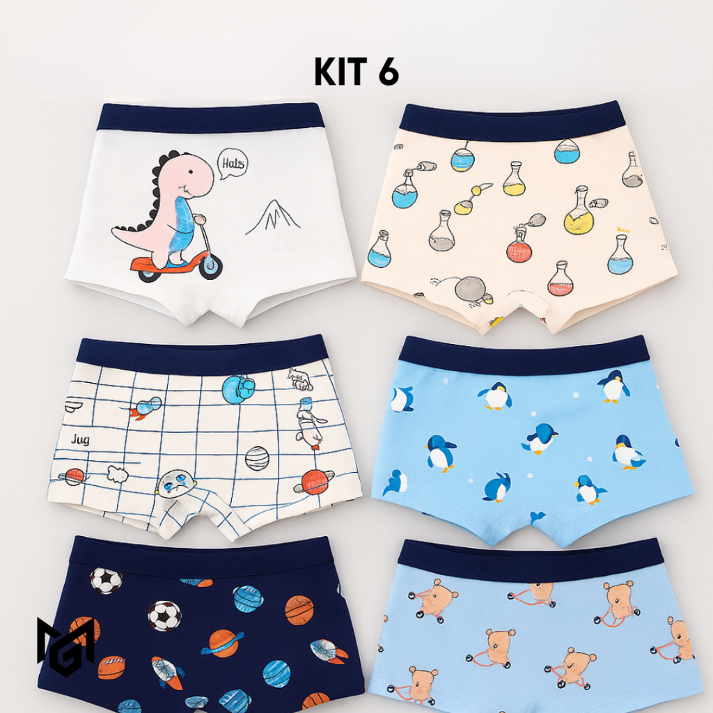 KIT 2, 4 ou 6 Cuecas Infantis Boxer 100% Algodão Toque Macio, Conforto e Estampas Divertidas