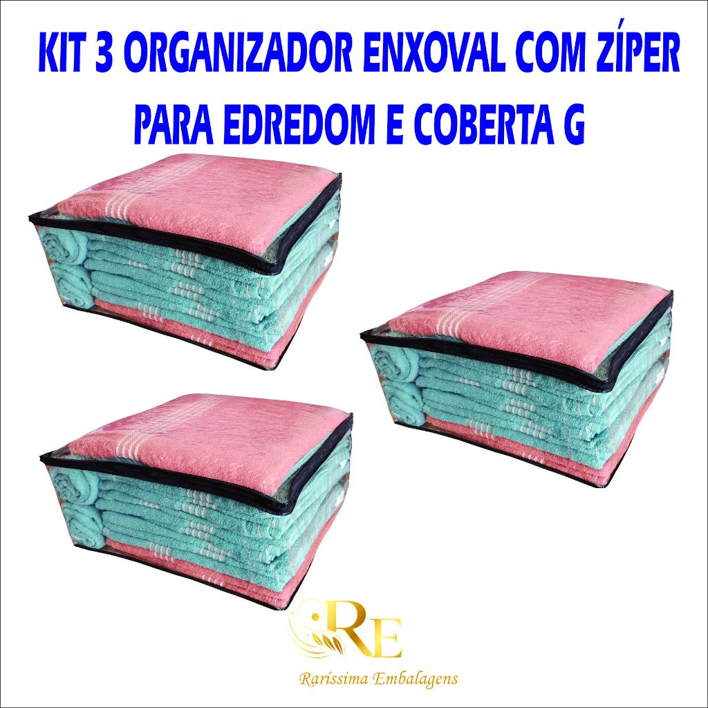 Kit 3  Saco zíper Organizador Cobertor Casaco Guarda Roupa Anti-Poeira , umidade Multiuso 48 x42x24
