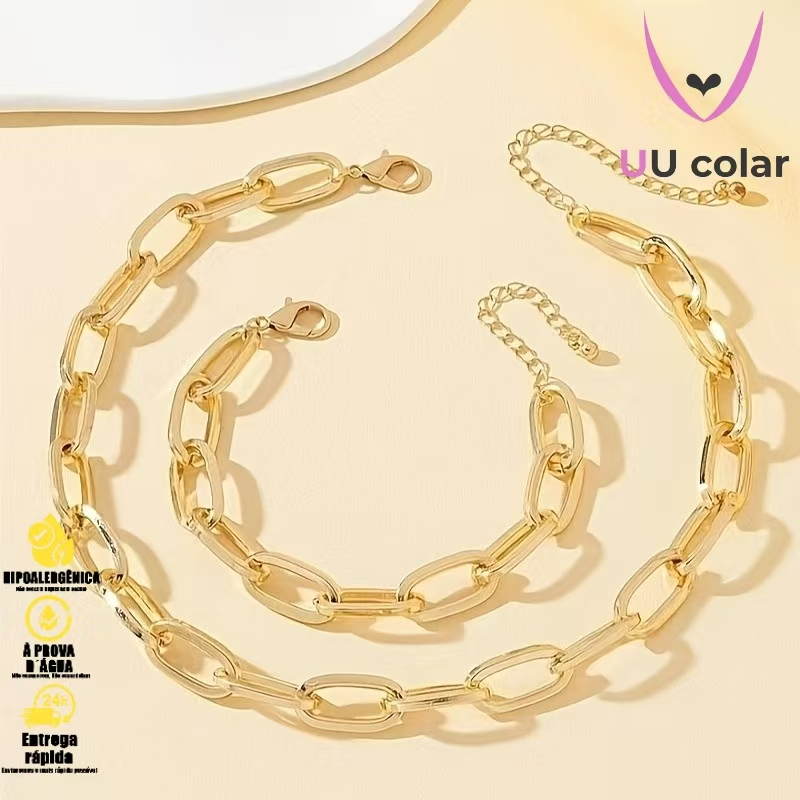 Colar e Pulseira Femininos com Corrente Retangular Dourada – Banhados a Ouro 18K