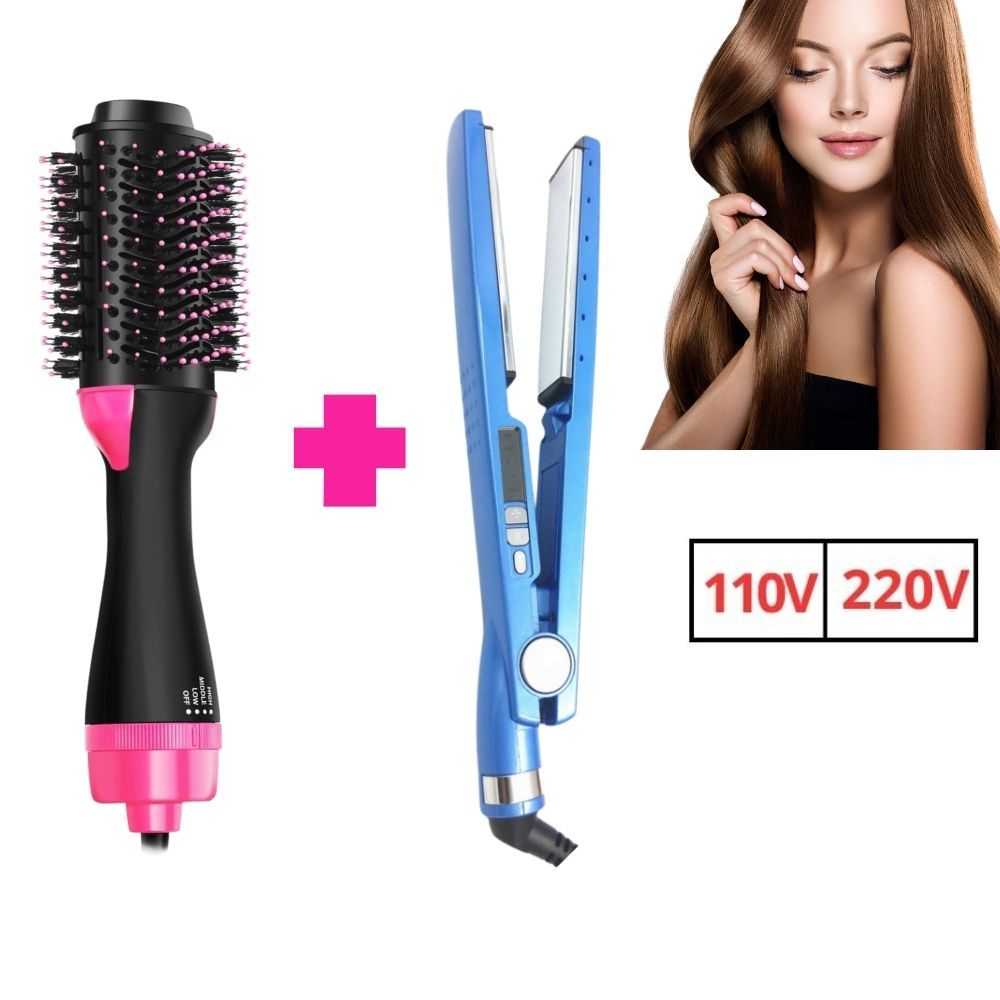 Kit de Estilização de Cabelo-Plancha + Escova Secadora 110V/220V 2 in 1 Salon Quality Tools