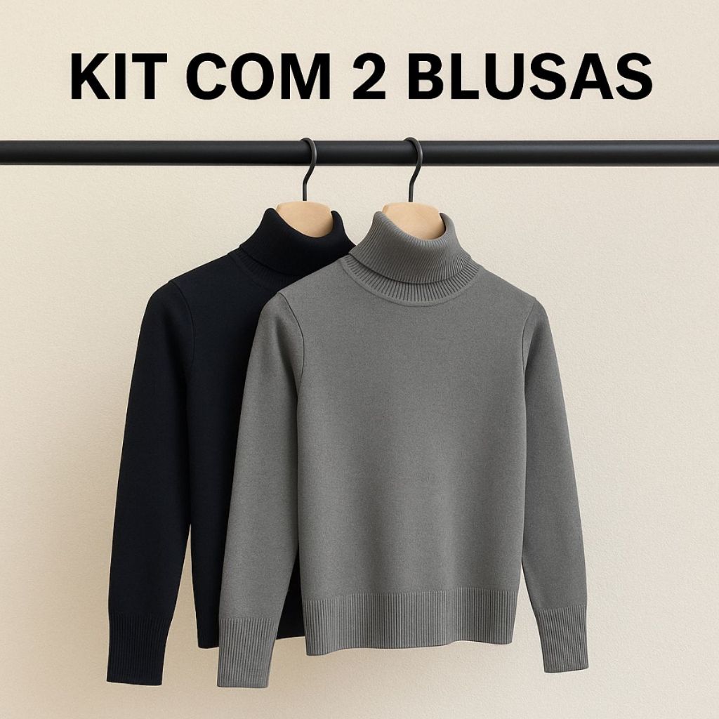 Kit 2 Peças · Blusa Feminina Cacharrel, Tricot Premium, Gola Alta, com Elastano, RS Malhas, Inverno