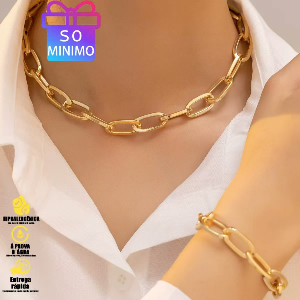 Conjunto Feminino Dourado: Colar e Pulseira com Corrente Retangular – Banhado a Ouro 18K