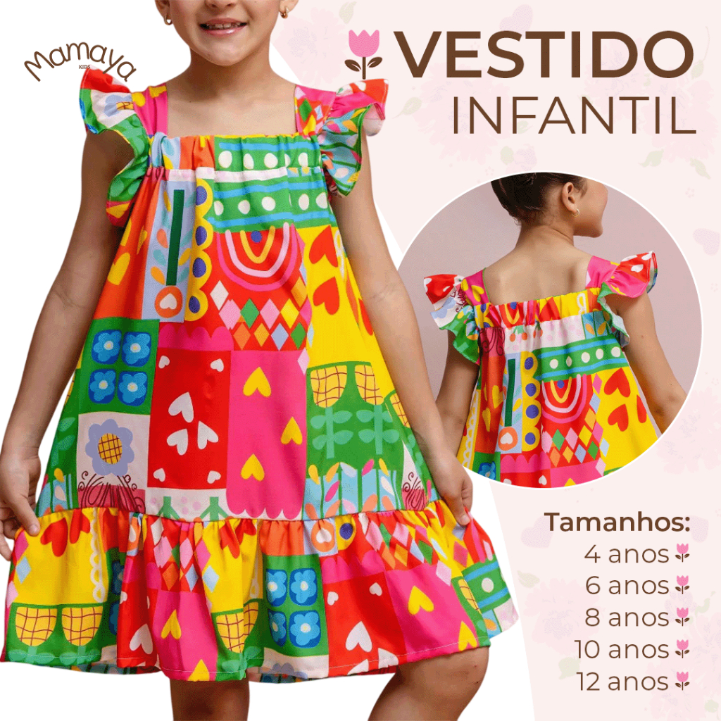 Vestido Infantil Estampado Colorido Bloguerinha Junino Xadrez Luxo Casual Delicado de 4 a 12 Anos