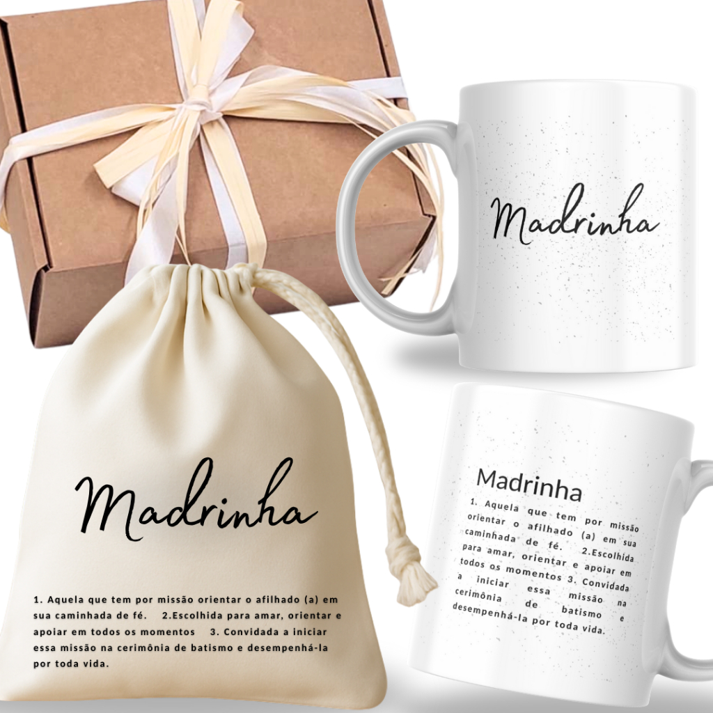 Caixa convite madrinha padrinho batismo batizado + caneca + saquinho lembrança