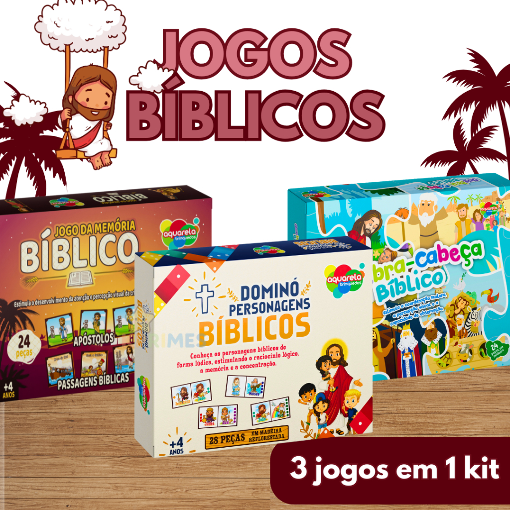 KIT 3 Jogos Bíblicos Educativos Infantil – Dominó + Memória + Quebra-Cabeça | Aprendizado cristão católico