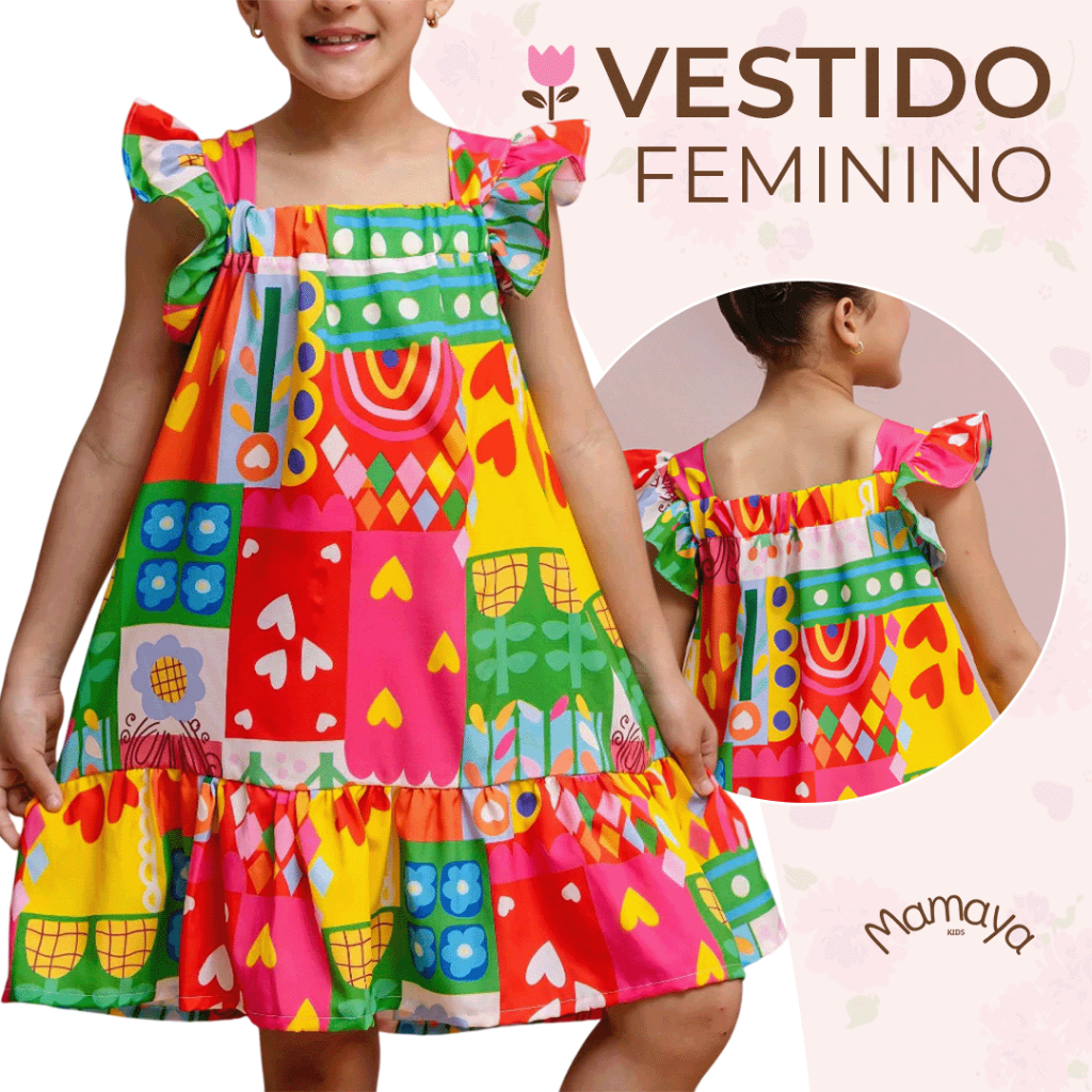 Vestido Infantil Menina Estampado Colorido Junino Xadrez Bloguerinha Luxo Casual Delicado Premium 4 a 12 Anos