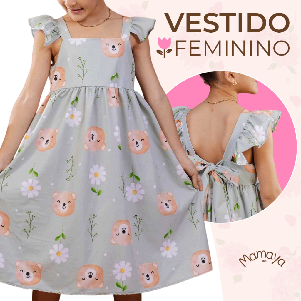 Vestido Menina Urso Infantil Estampado Colorido Junino Xadrez Luxo Cores Vibrantes Lançamento 4 a 12 Anos