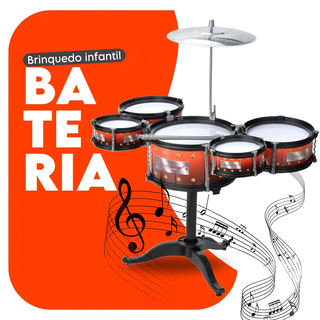 Bateria Musical Infantil 5 Tambores e 2 Baquetas Brinquedo Educativo Crianças Desenvolve