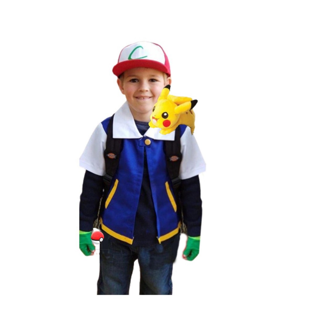 Fantasia Ash Pokemon Treinador Cosplay Pikachu Infantil Criança Festa Colete + Boné + Luva