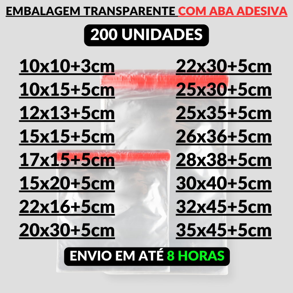 Embalagem PP com Aba Adesiva 200un Saco Plástico Transparente Envelope Polipropileno Abre e Fecha