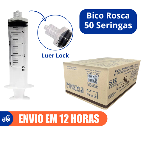 Seringa 20ml Bico Rosca Luer Lock Descartável Marca SR