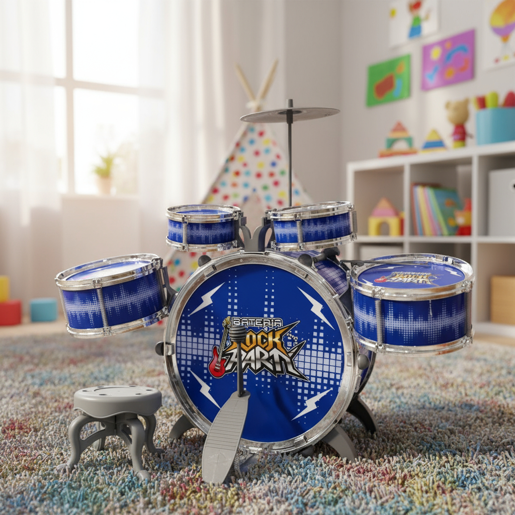 Bateria Para Criança Musical Infantil Com Pedal E Banco Rock