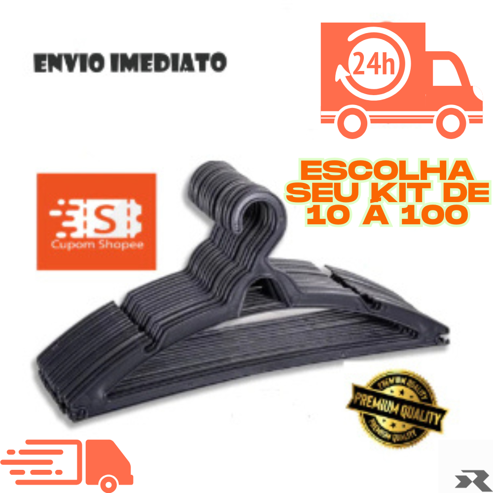 Cabide Adulto Preto Kit de 10 a 100 Cabides Reforçados Organizador Roupas Envio Mesmo dia