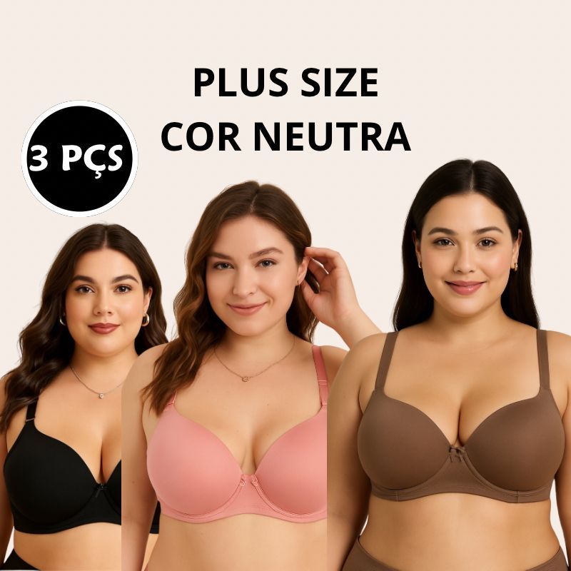 3 Sutiã Plus Size Bojo Reforçado Alça Larga Confortável Cores Lisas Sutien Sustentação Lateral Extra