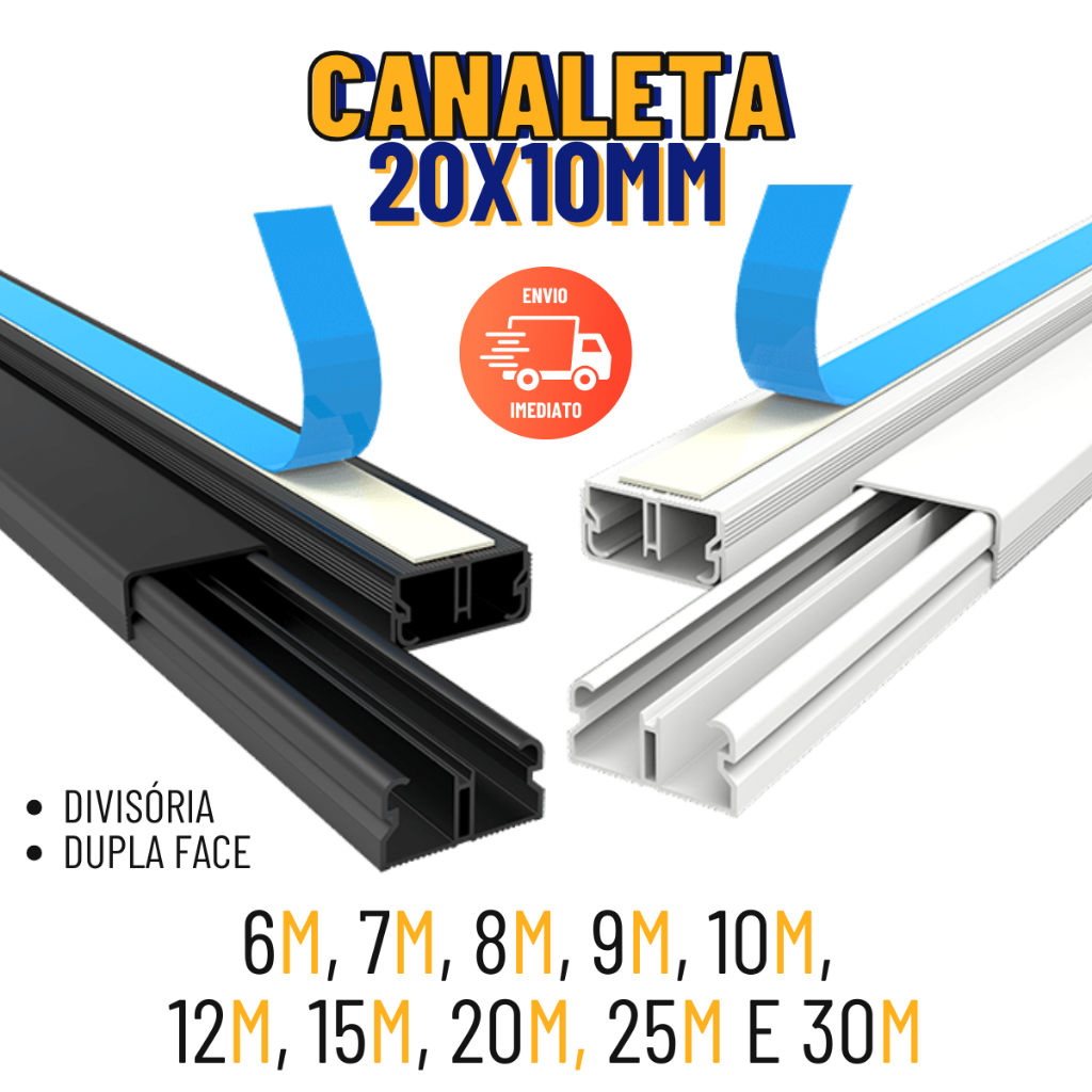 Canaleta 20x10mm PVC Painel Canaletado Organizador Fios Preta Branca Sistema X Fita Divisoria