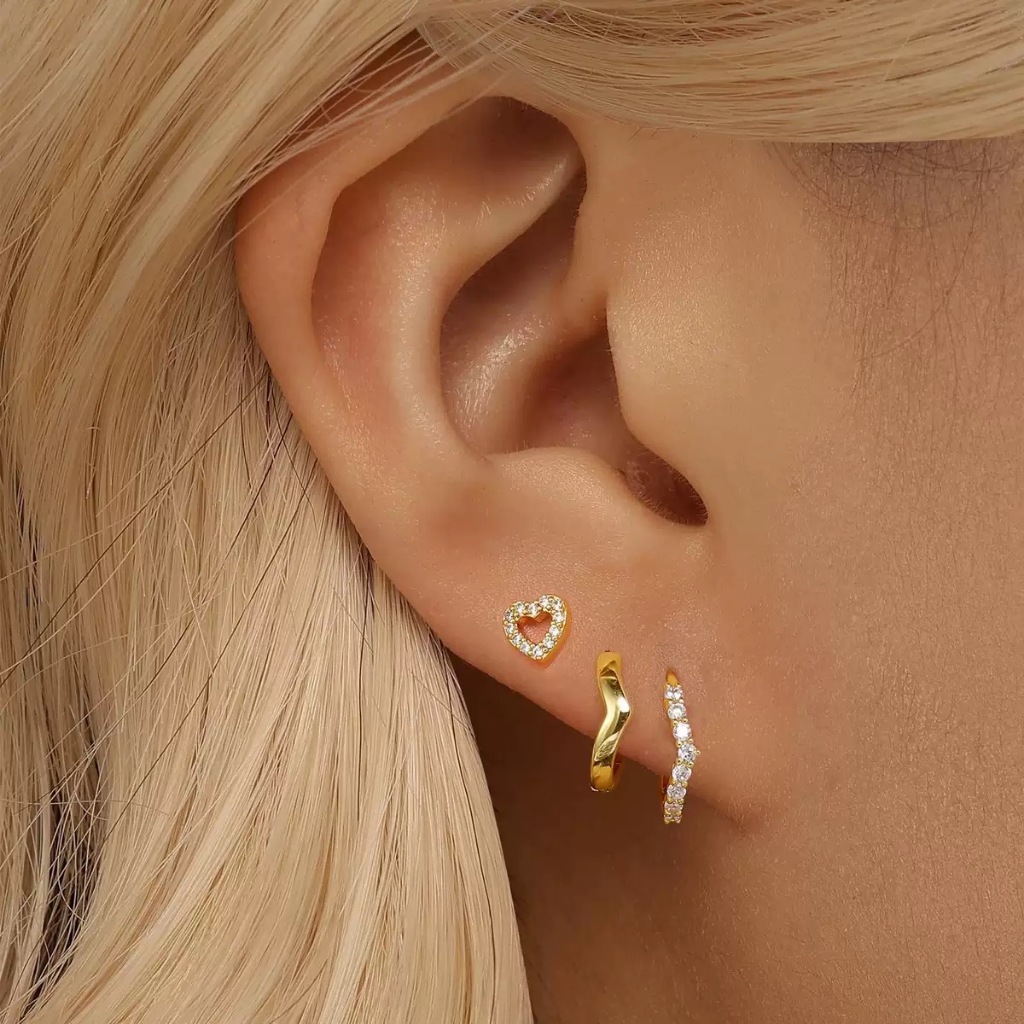 Kit 3 pares de brincos de luxo em prata 925 para mulheres, brincos de pino em forma de coração, banhados a ouro 18K
