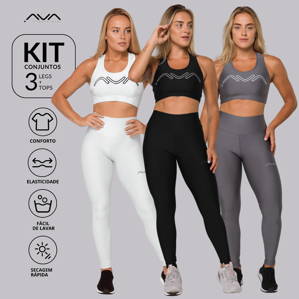 Kit 3 Conjuntos Feminino Academia Zero Transparência Top e Legging AVA Fitness Originals
